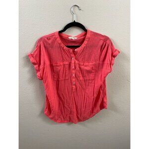 Lucky Brand Womens Pink Button-Front Short Sleeve Top M Cotton Blend lightweight